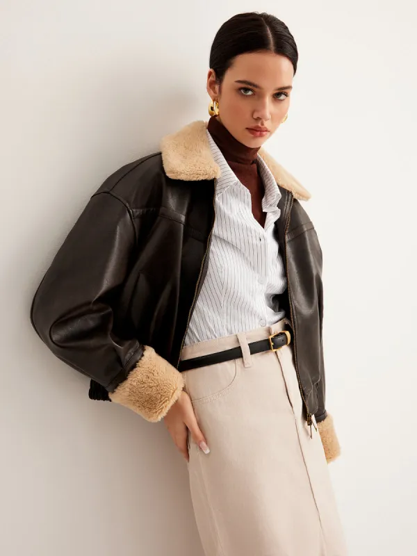 Fleecing Faux Leather Polo Jacket made by COMMENSE