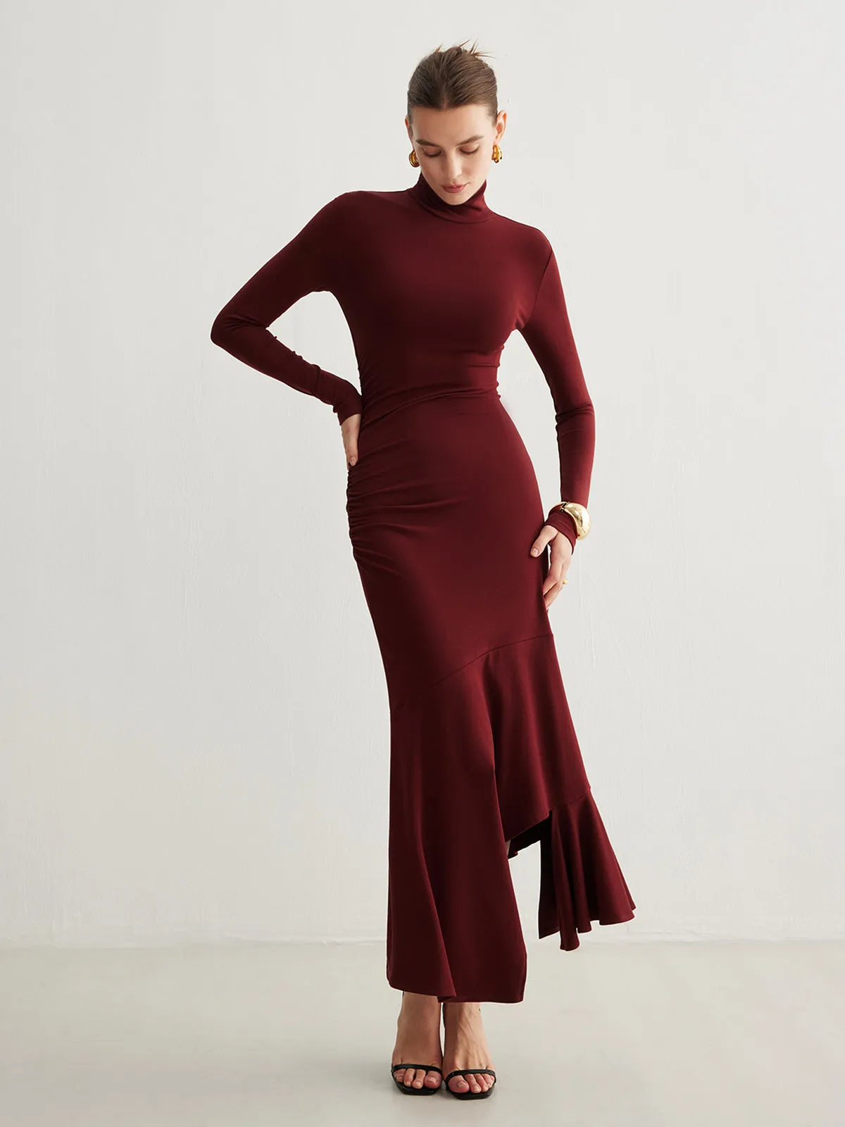 Turtleneck Irregular Pleated Long Dress sold by COMMENSE product image thumbnail 2