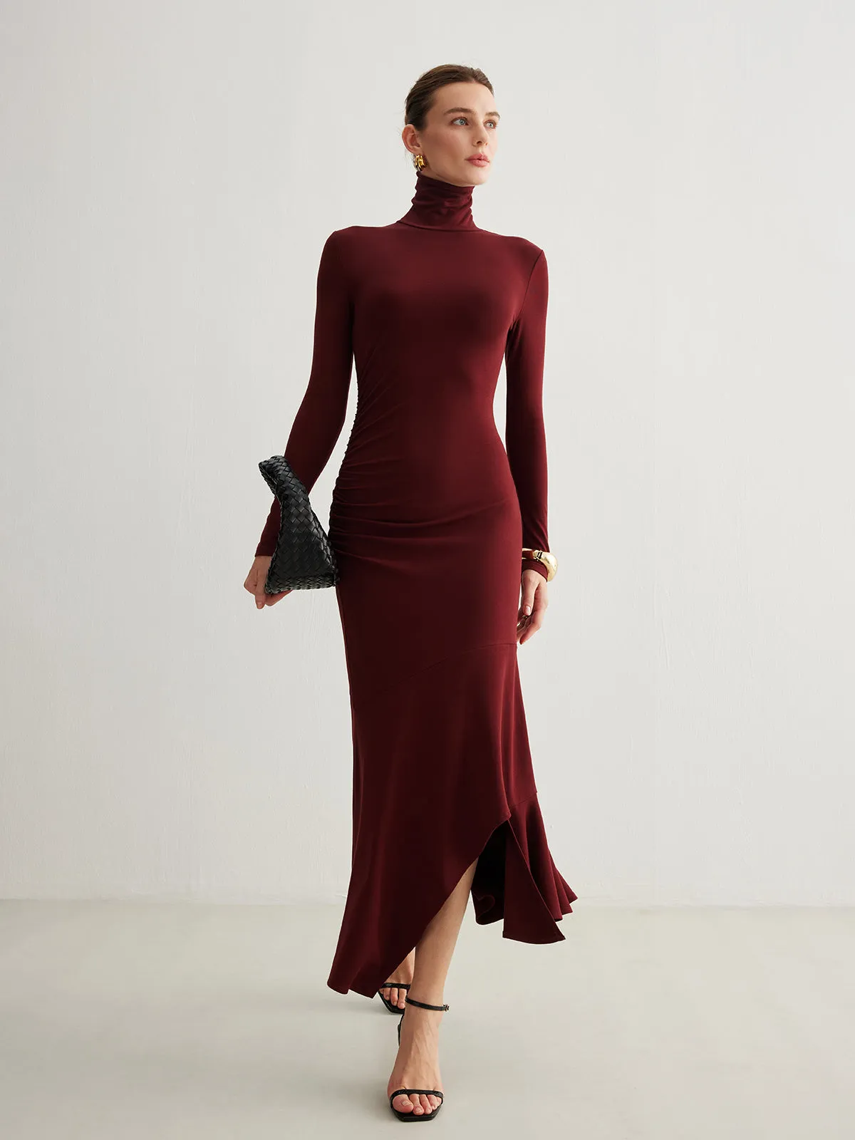 Turtleneck Irregular Pleated Long Dress sold by COMMENSE product image thumbnail 3
