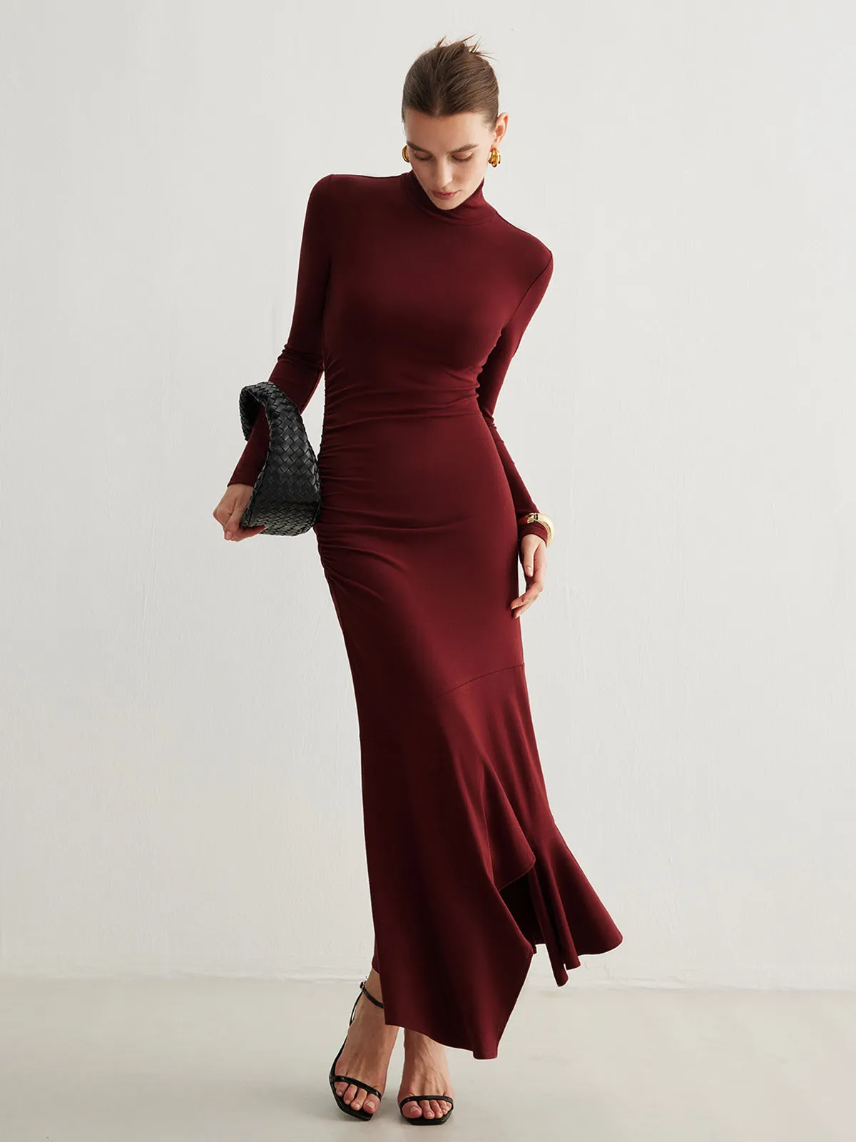 Turtleneck Irregular Pleated Long Dress sold by COMMENSE product image thumbnail 4