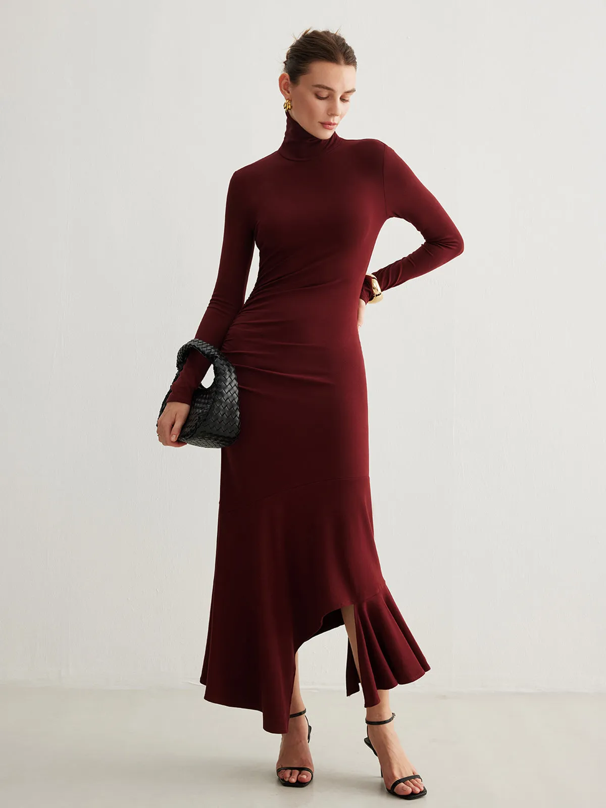 Turtleneck Irregular Pleated Long Dress sold by COMMENSE