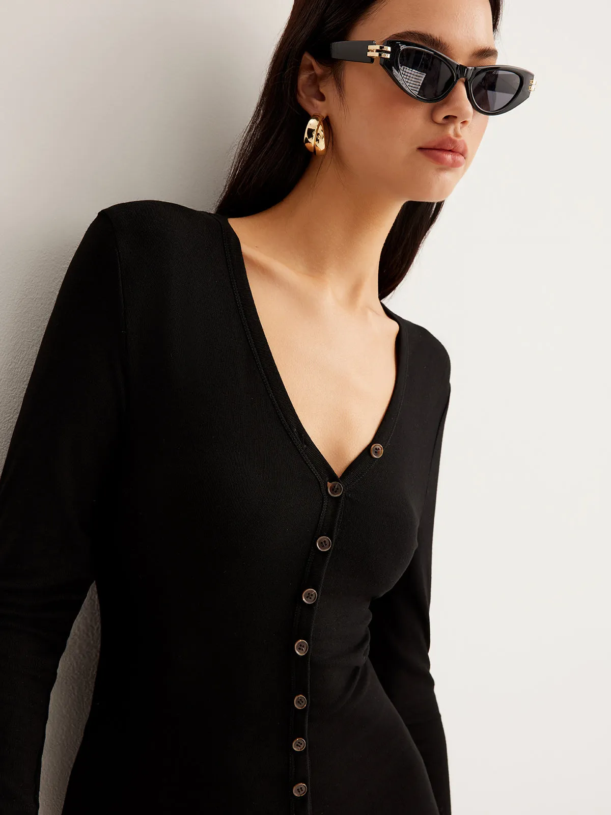 V-Neck Button Slim Long Dress sold by COMMENSE product image thumbnail 3