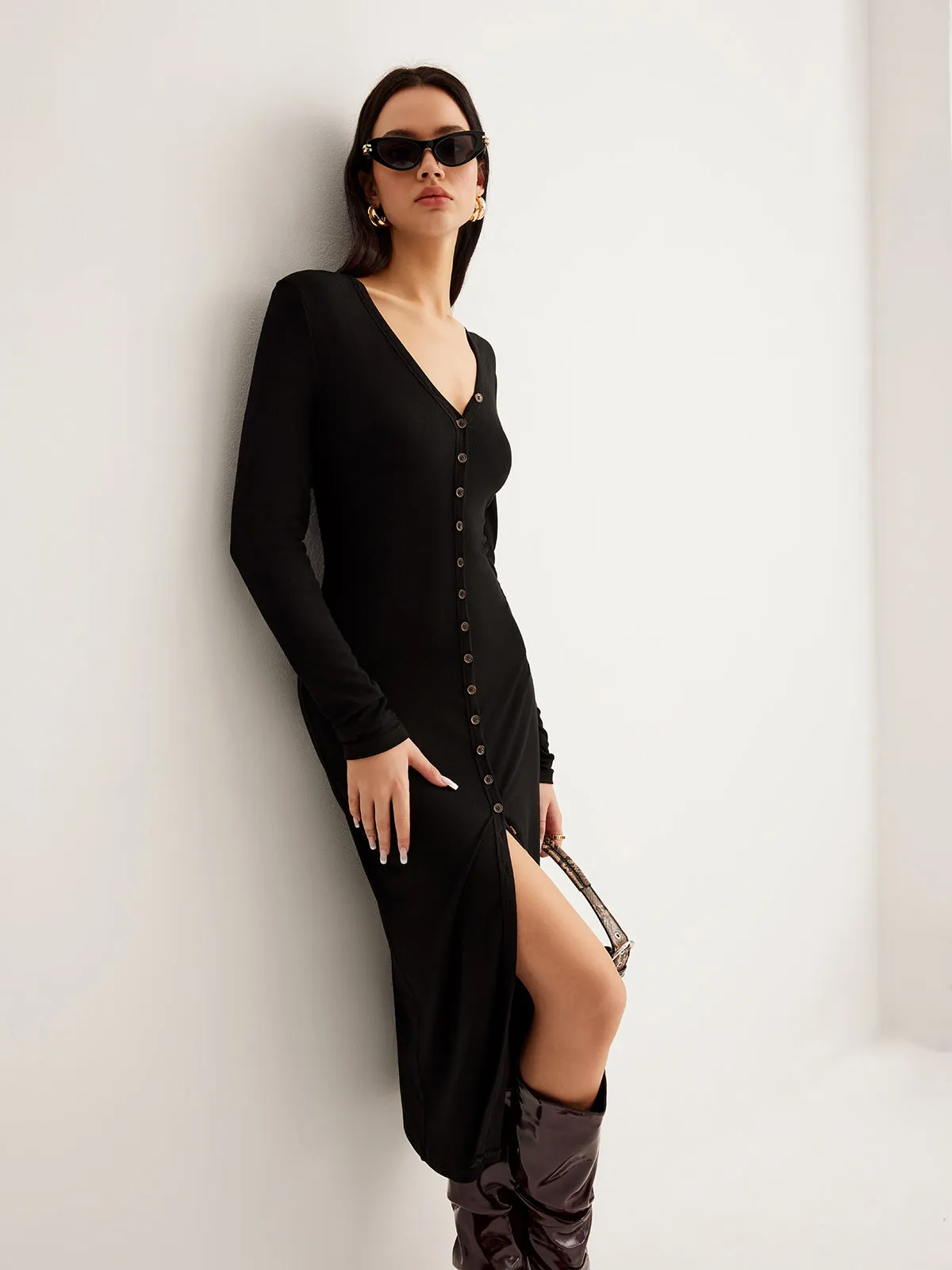 V-Neck Button Slim Long Dress sold by COMMENSE product image thumbnail 4