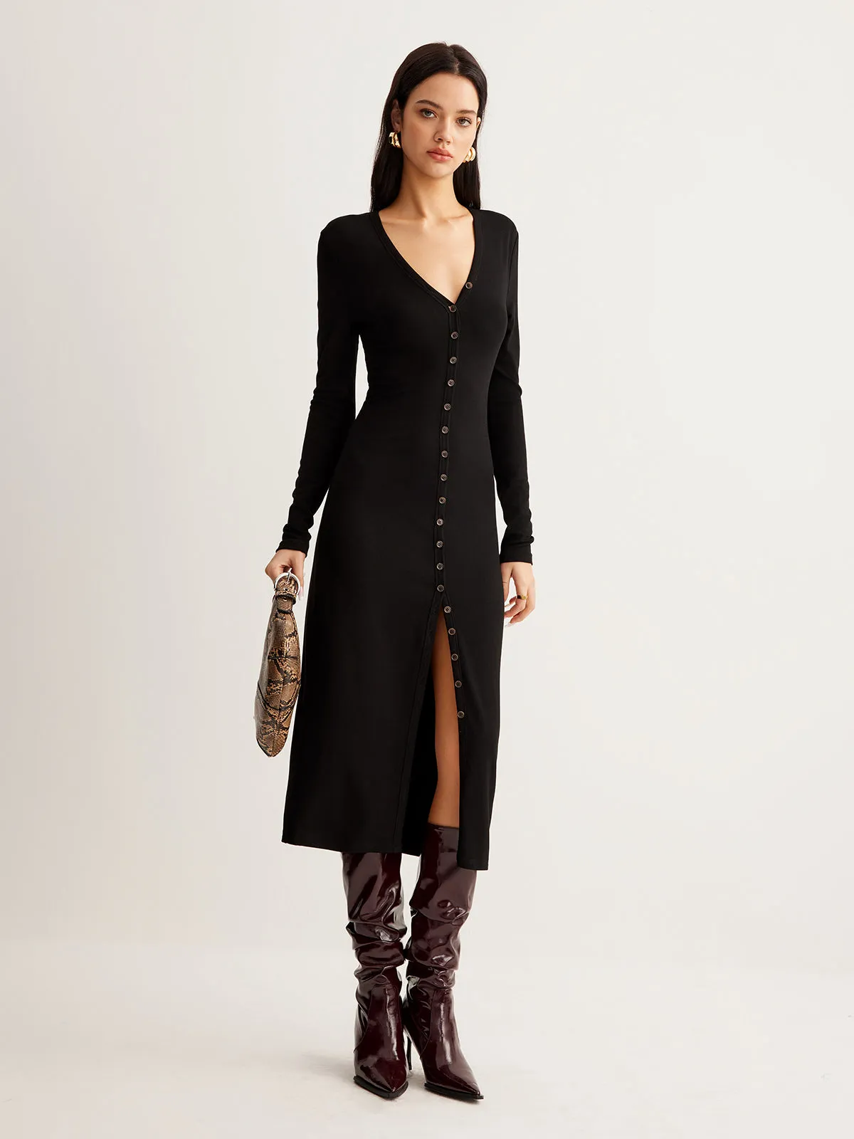 V-Neck Button Slim Long Dress sold by COMMENSE product image thumbnail 5