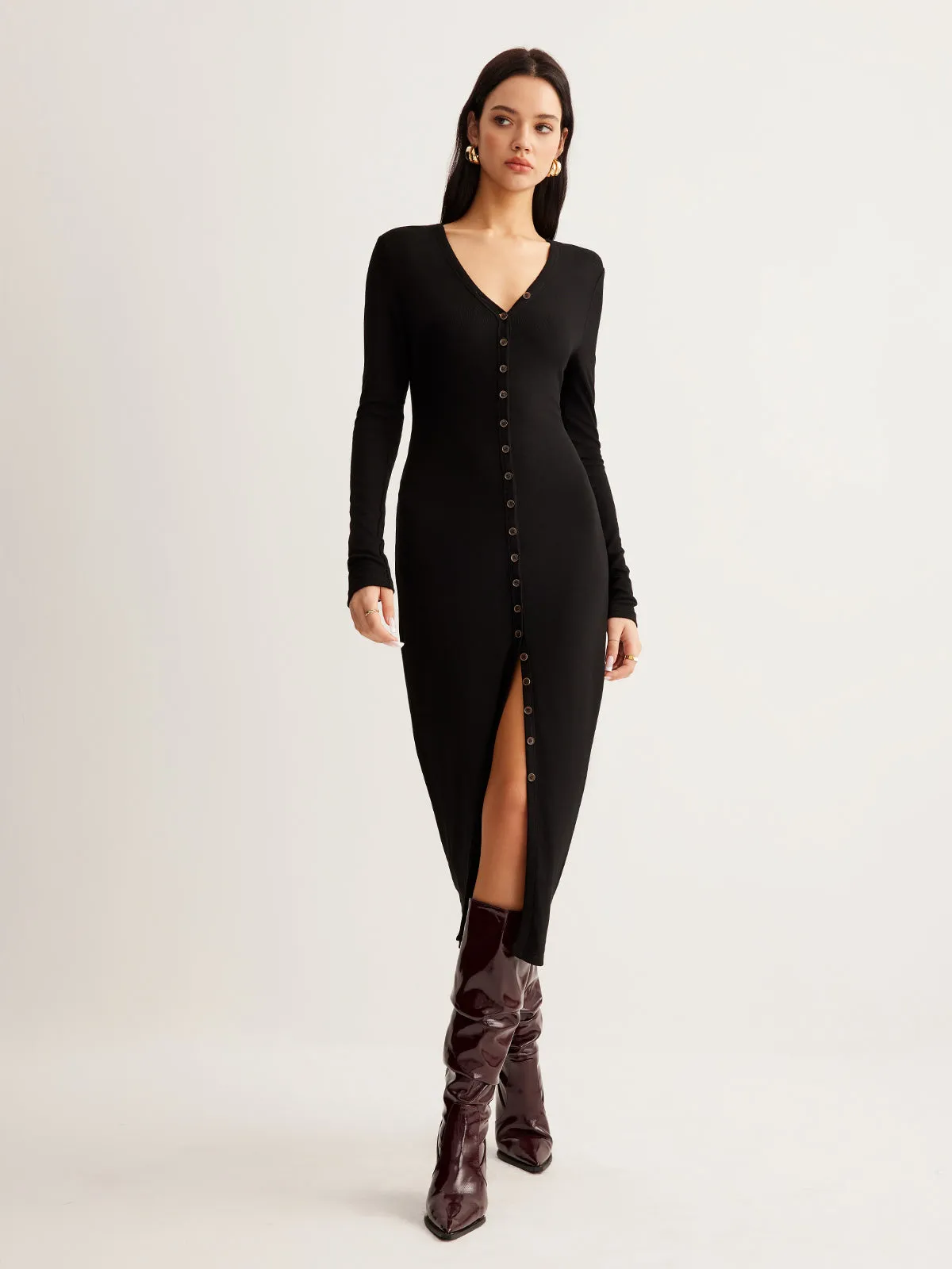 V-Neck Button Slim Long Dress sold by COMMENSE product image thumbnail 2
