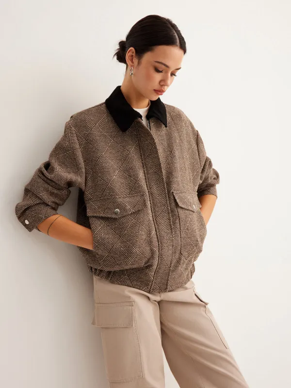 Contrast Collar Rhombic-Pattern Zipper Jacket sold by COMMENSE
