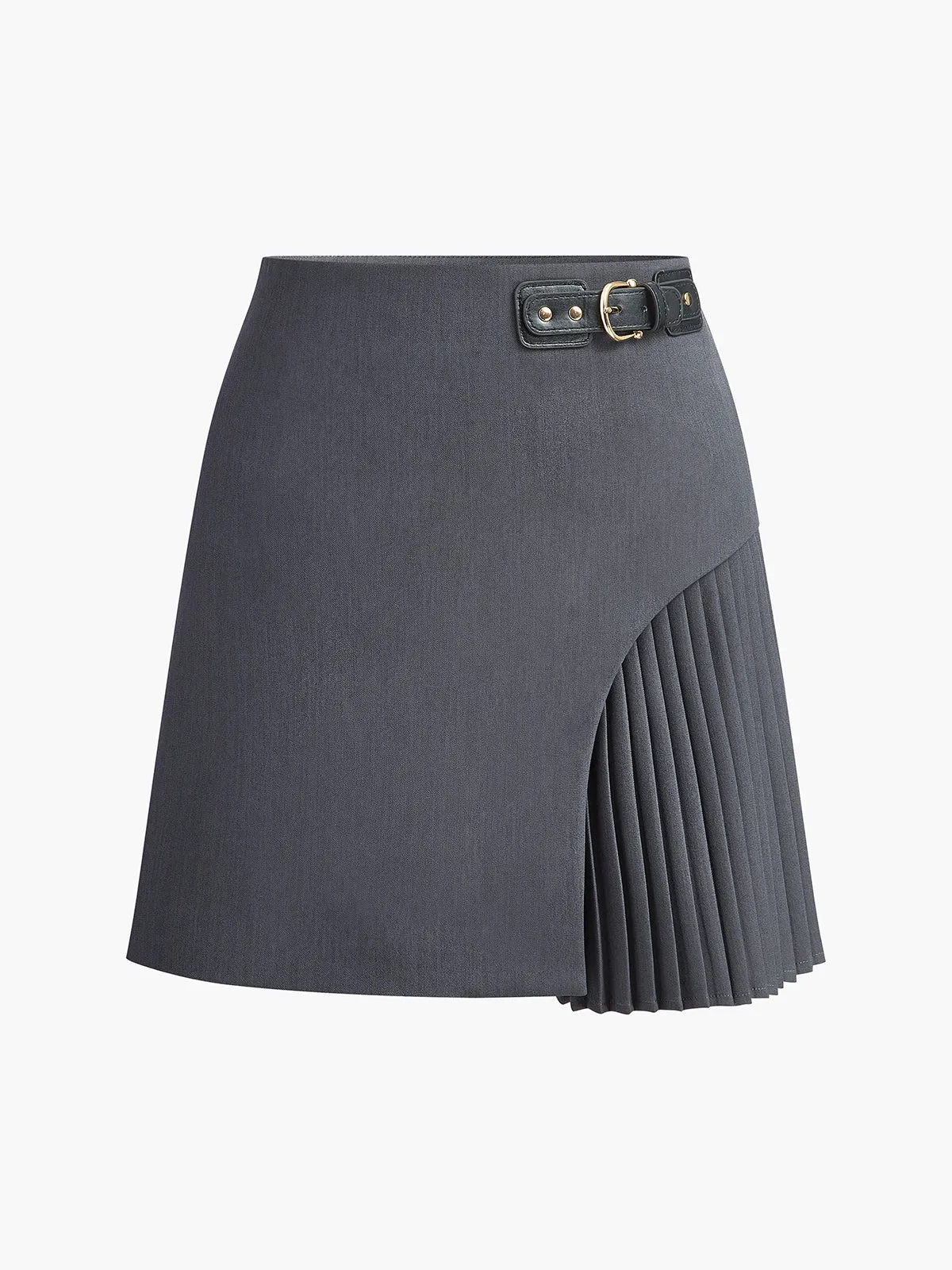 Side Pleated Buckle Belted Skirt sold by COMMENSE