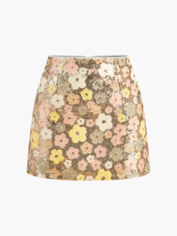 Floral Sequins Zipper Mini Skirt sold by COMMENSE