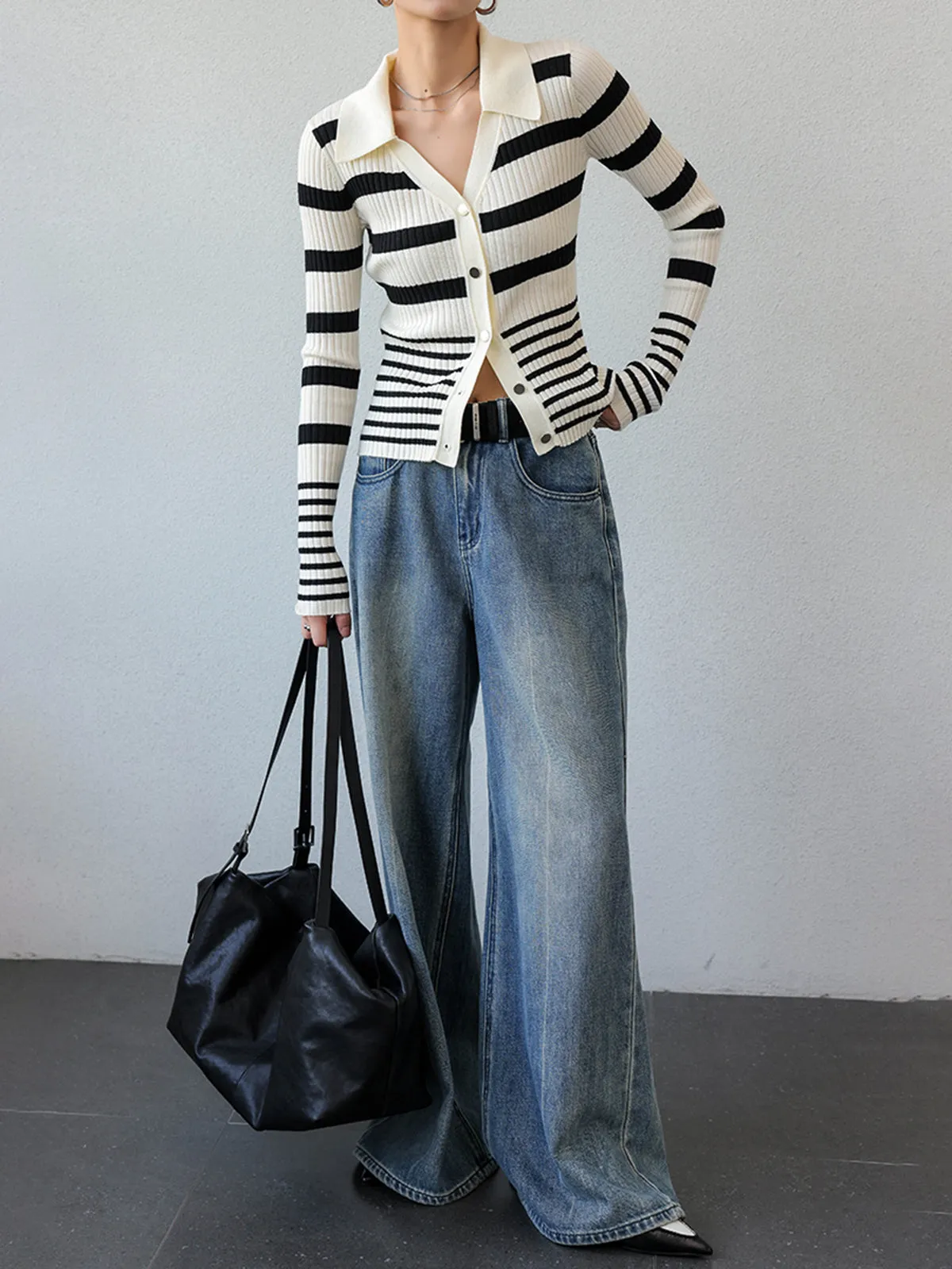 Two-Tone Rib Button Lapel Cardigan sold by COMMENSE product image thumbnail 4