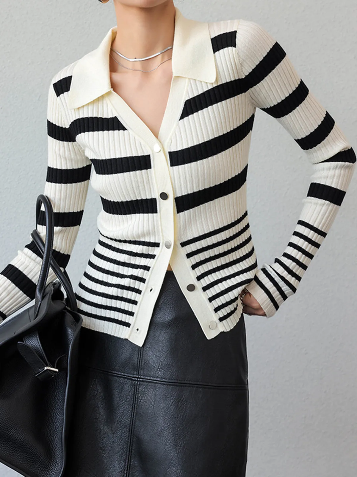 Two-Tone Rib Button Lapel Cardigan sold by COMMENSE product image thumbnail 2