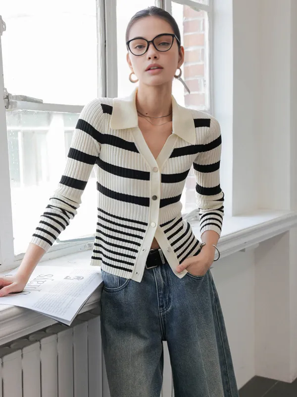 Two-Tone Rib Button Lapel Cardigan sold by COMMENSE