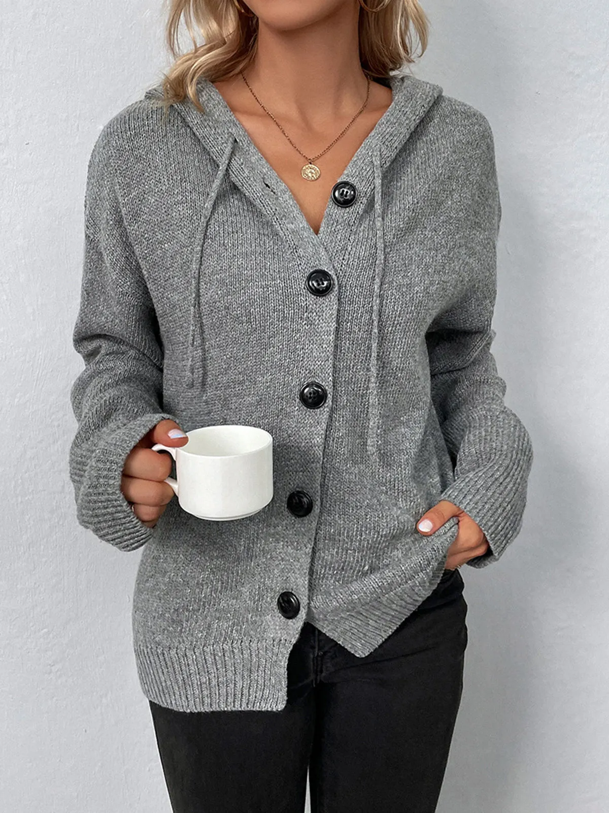 Button Drawstring Hooded Cardigan sold by COMMENSE product image thumbnail 4