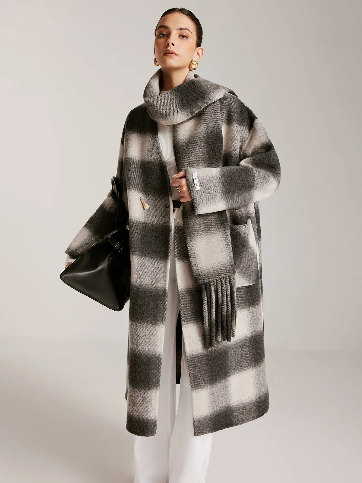 Wool-Blend Tweed Long Coat With Tassel Scarf sold by COMMENSE