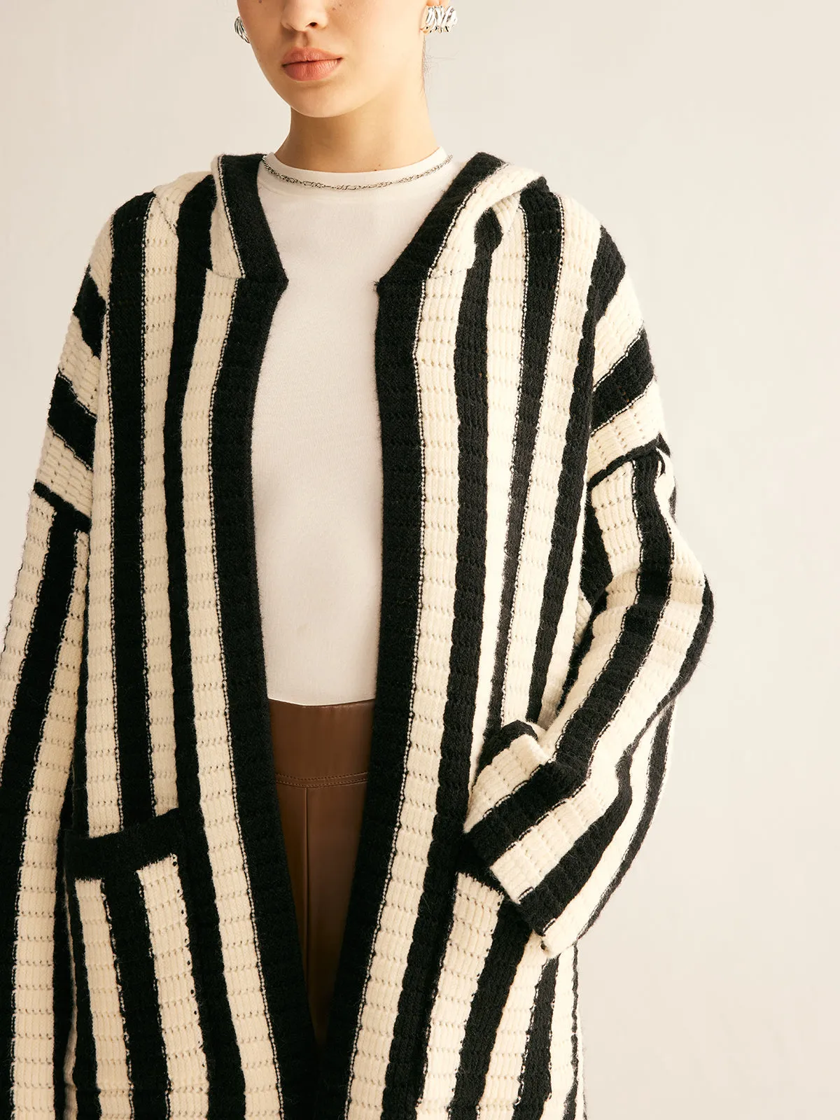Contrast Pinstripe Hooded Cardigan sold by COMMENSE product image thumbnail 3