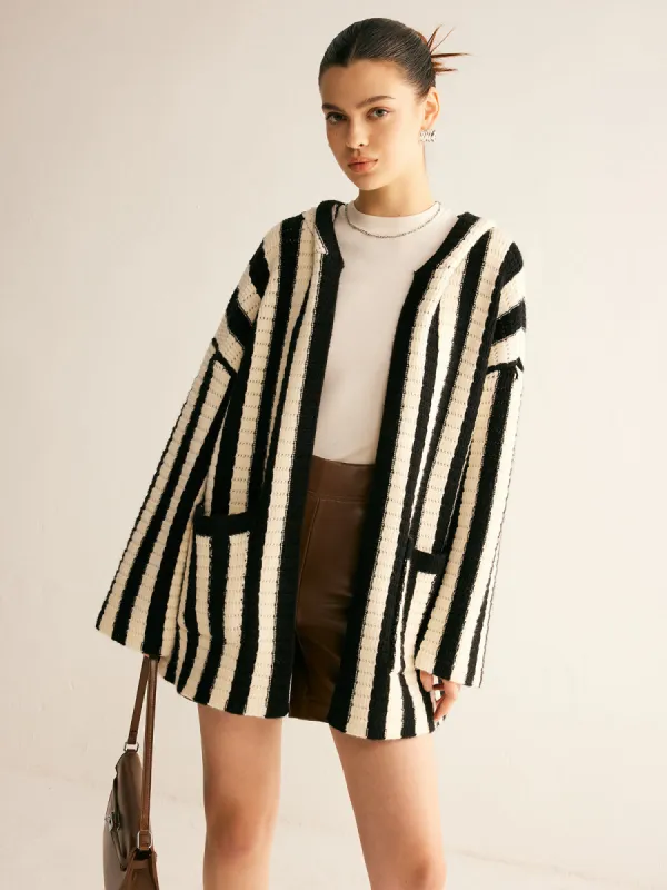 Contrast Pinstripe Hooded Cardigan sold by COMMENSE