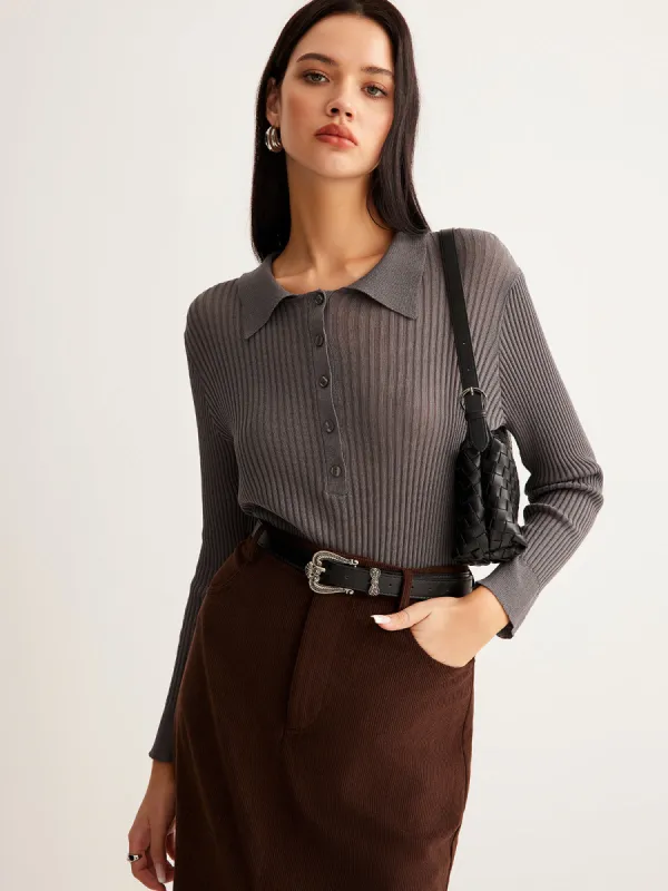 Wool-Blend Lapel Button Knit Top sold by COMMENSE