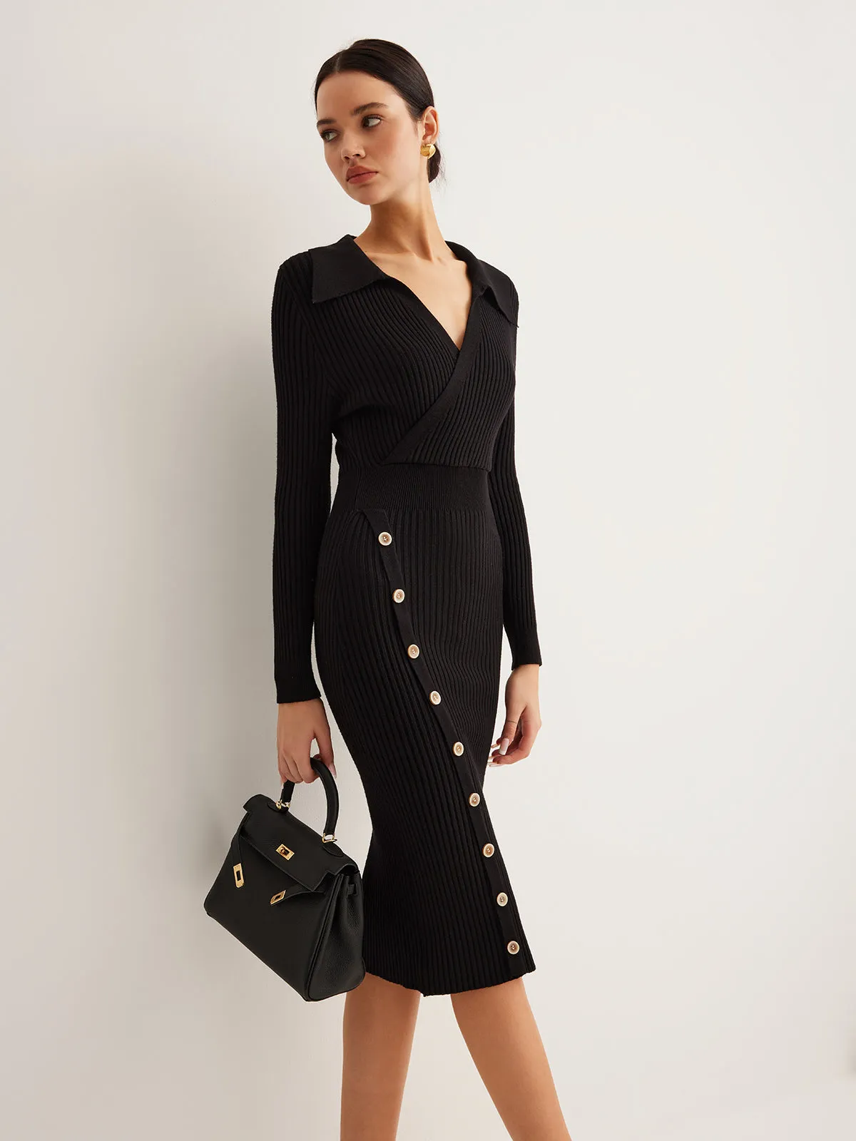 V-Neck Ribbed Skinny Sweater Dress sold by COMMENSE product image thumbnail 5