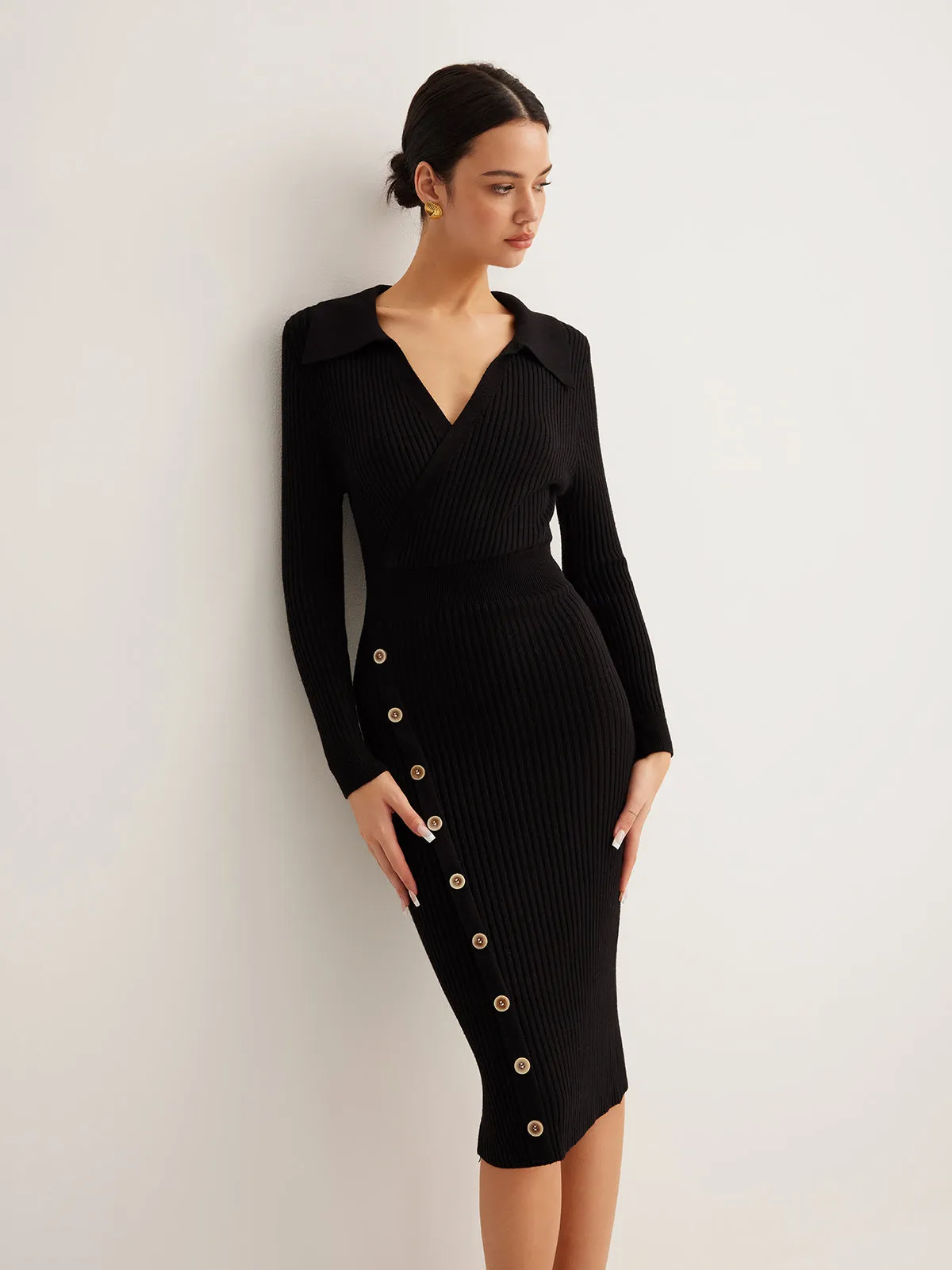 V-Neck Ribbed Skinny Sweater Dress sold by COMMENSE product image thumbnail 2