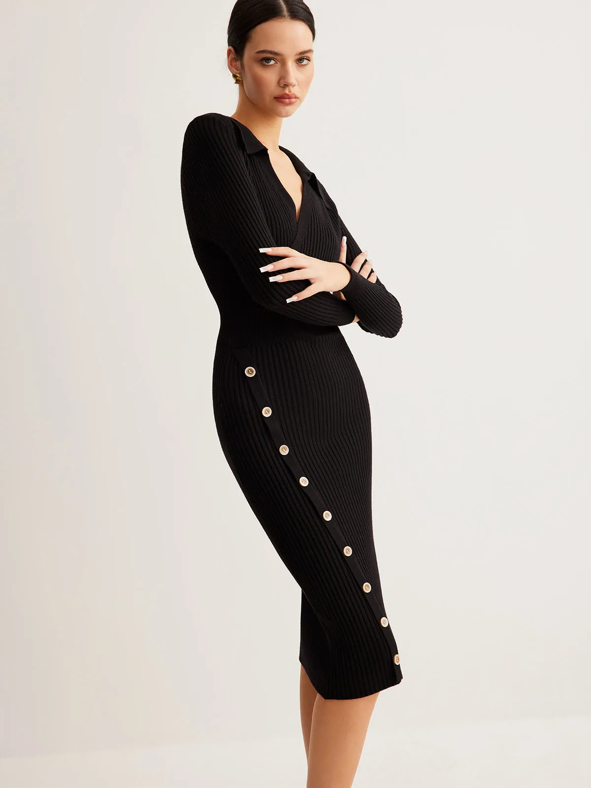 V-Neck Ribbed Skinny Sweater Dress sold by COMMENSE product image thumbnail 4