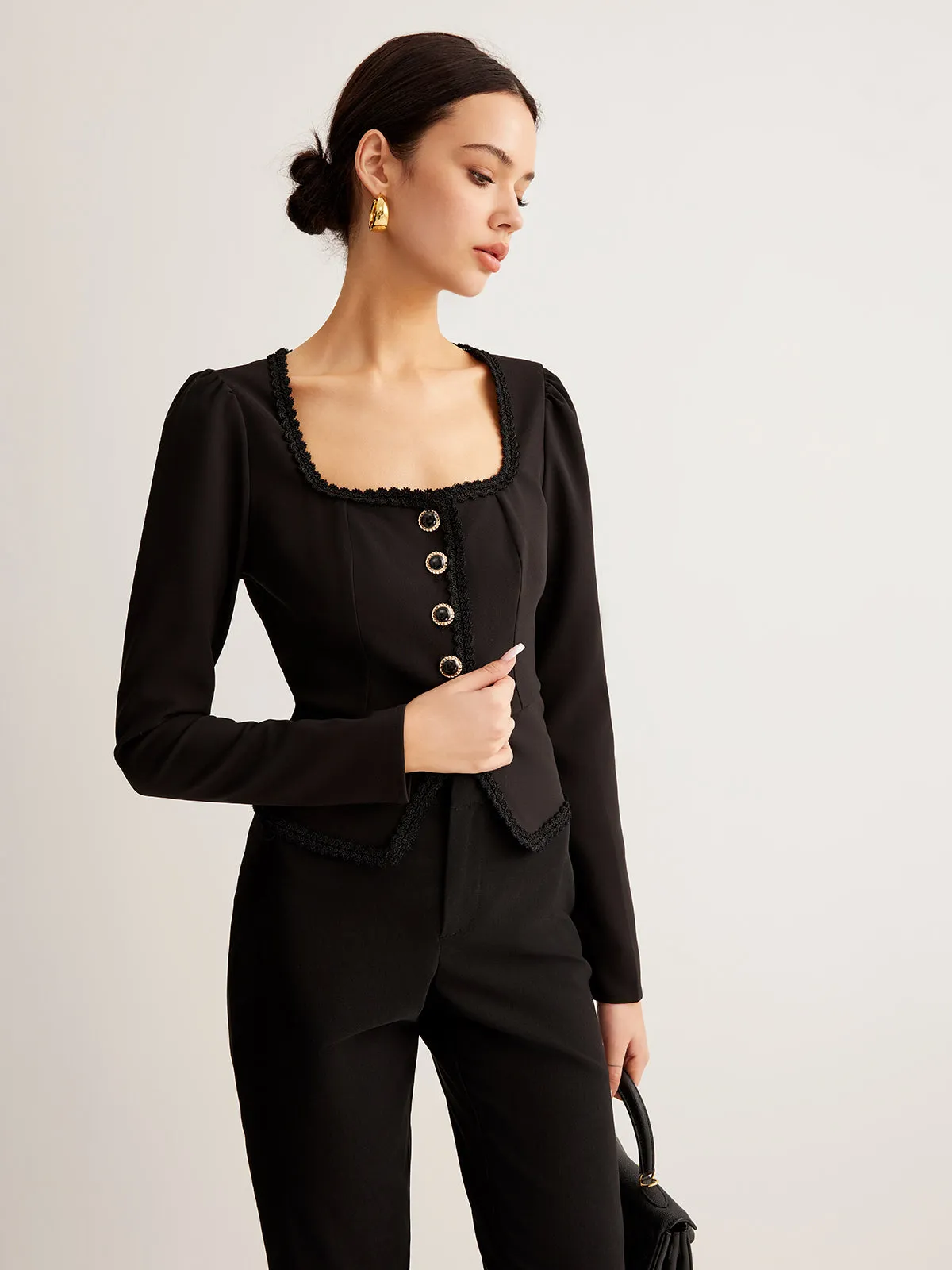 Square Neck Button Split Shirt sold by COMMENSE product image thumbnail 5