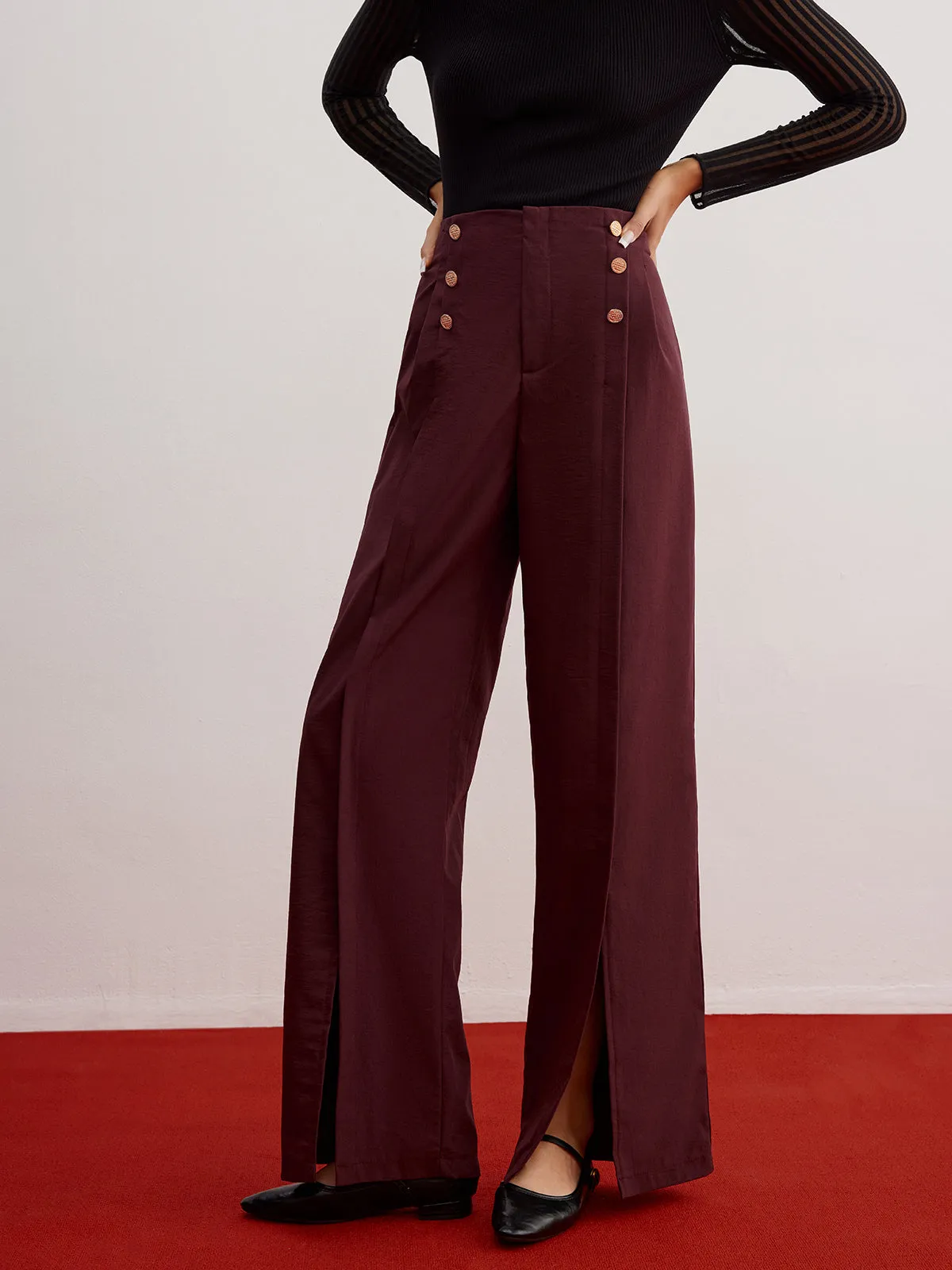Button Decor Split Wide-Leg Pants sold by COMMENSE