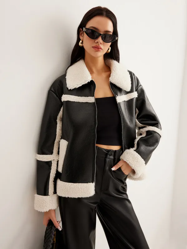 Fleece Trim Faux Leather Jacket sold by COMMENSE