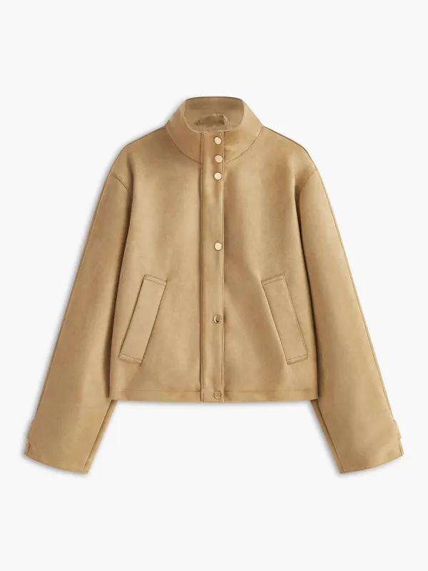 Plain Stand Collar Suede Zipper Jacket sold by COMMENSE