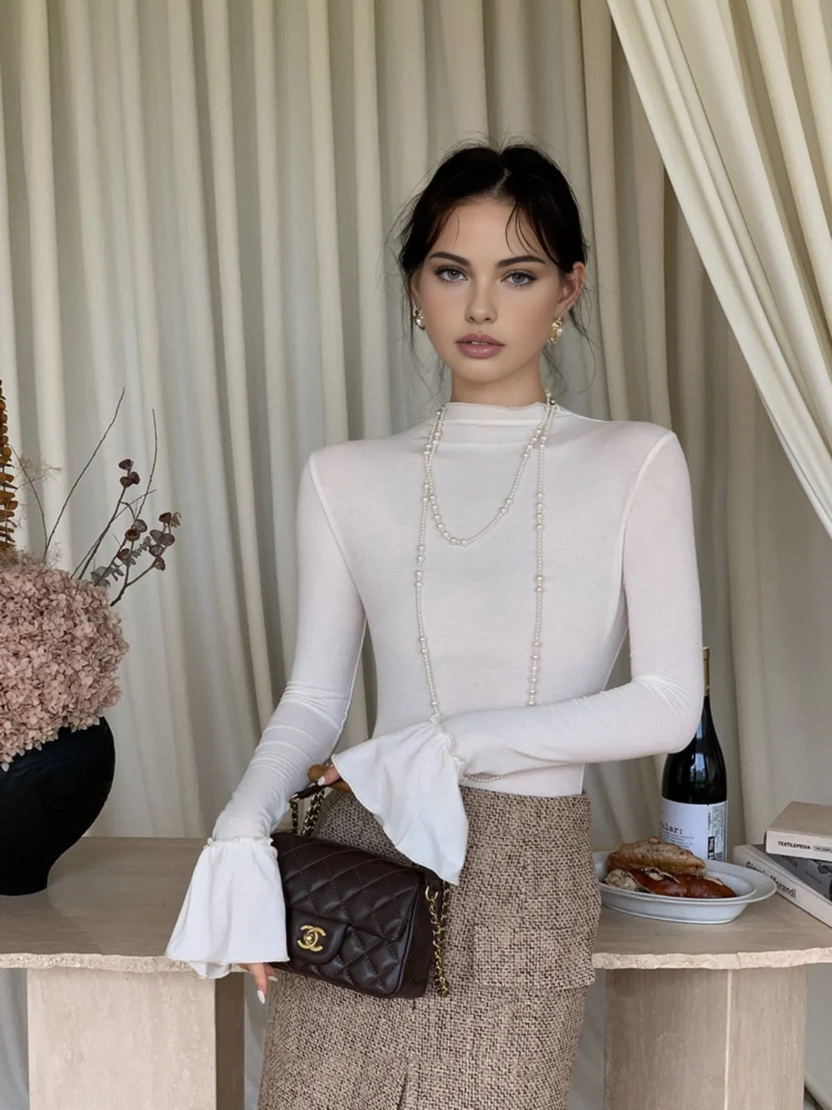 Plain Ruffle-Cuff Jersey Top sold by COMMENSE