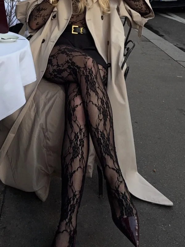 Tulle Sheer Tights With Floral Pattern sold by COMMENSE