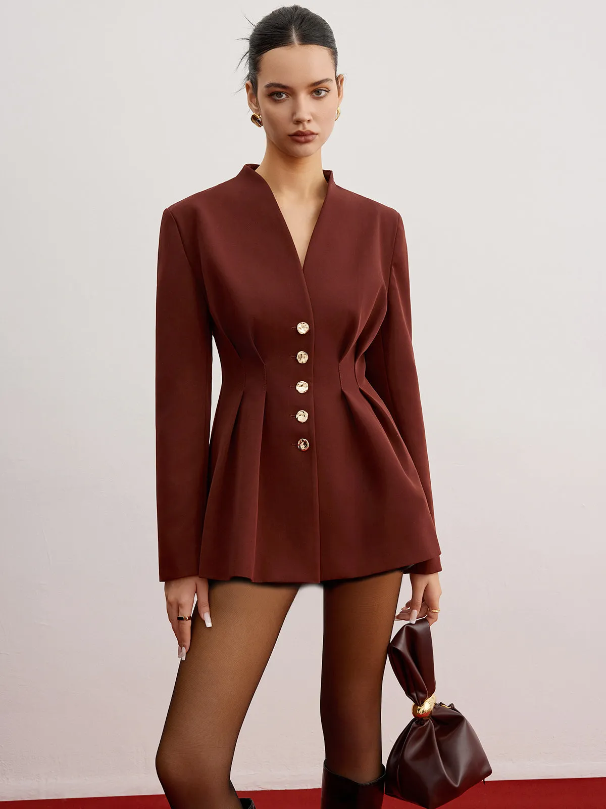 Cinched Pleated Blazer With Shoulder Pads sold by COMMENSE product image thumbnail 3
