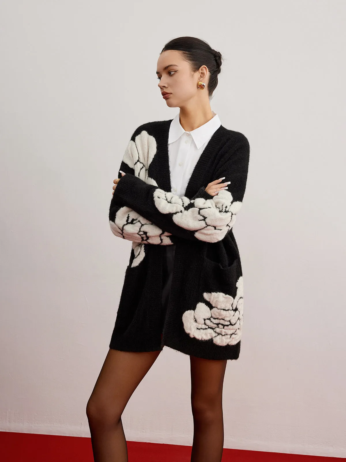 Wool-Blend Knit-Floral Cardigan sold by COMMENSE product image thumbnail 5