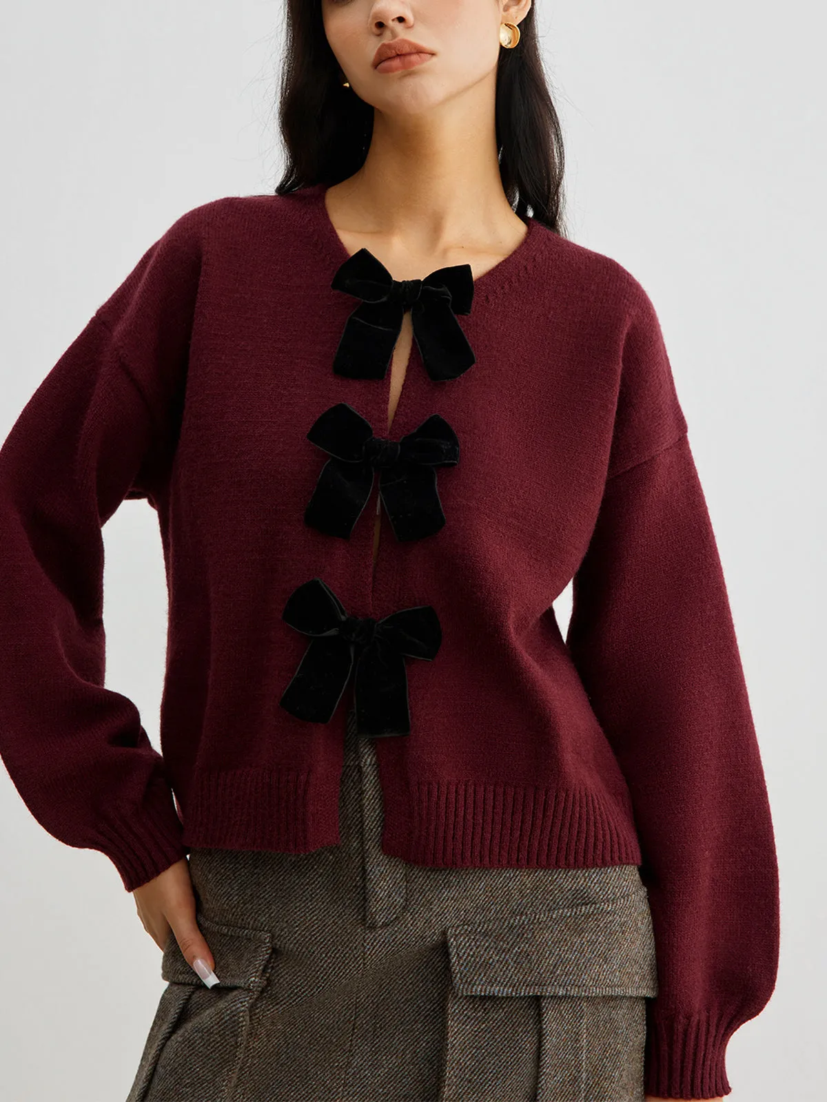 Velvet-Bow Lantern Sleeve Sweater sold by COMMENSE product image thumbnail 4