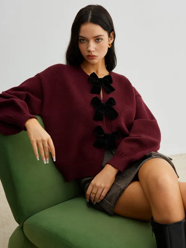 Velvet-Bow Lantern Sleeve Sweater sold by COMMENSE