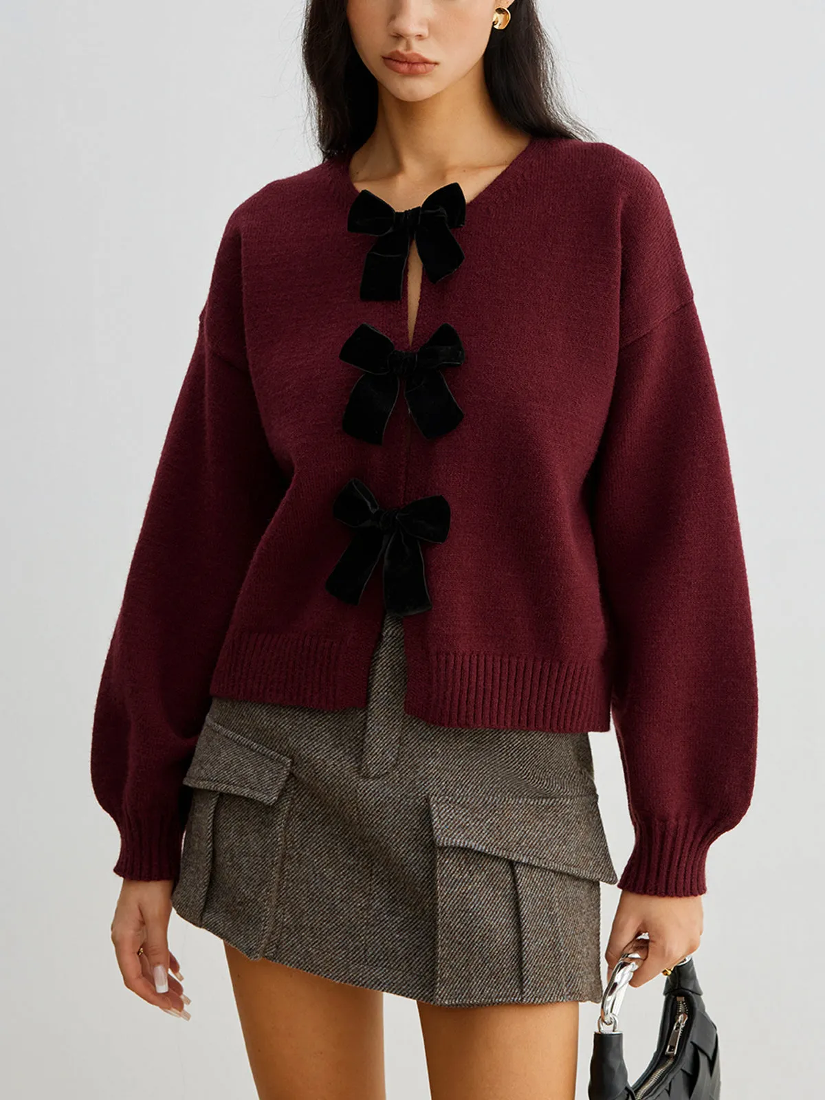 Velvet-Bow Lantern Sleeve Sweater sold by COMMENSE product image thumbnail 2