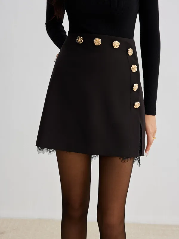 Lace Trim Metal-Flower Zipper Skirt sold by COMMENSE