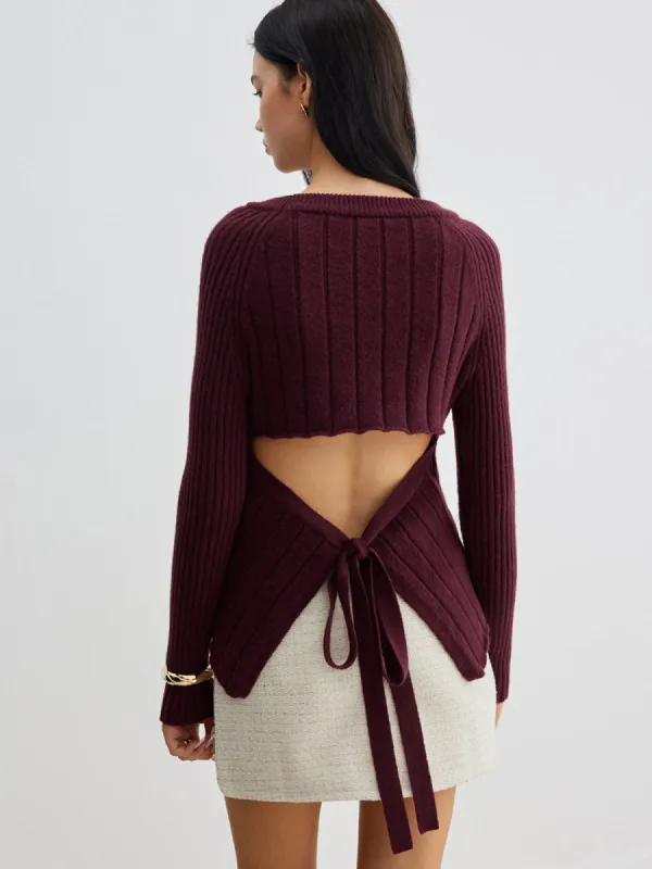 Backless Slim Tie Knit Top sold by COMMENSE