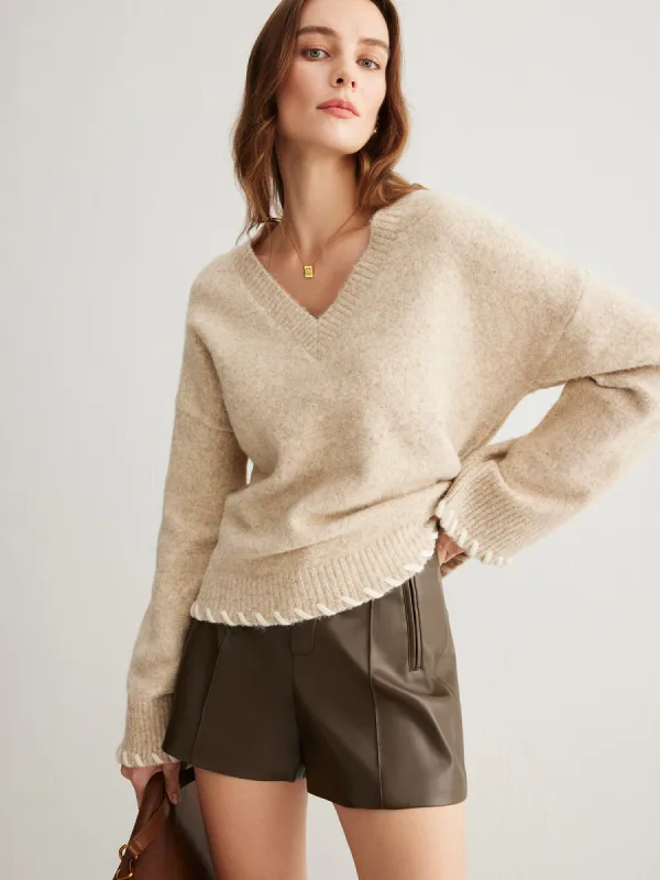 Wool-Blend Embroidered Trim Sweater sold by COMMENSE