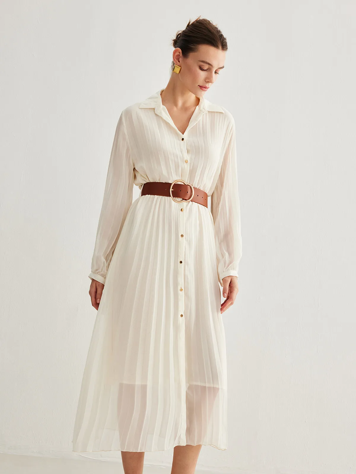 Chiffon Button Pleated Dress With Belt sold by COMMENSE product image thumbnail 4