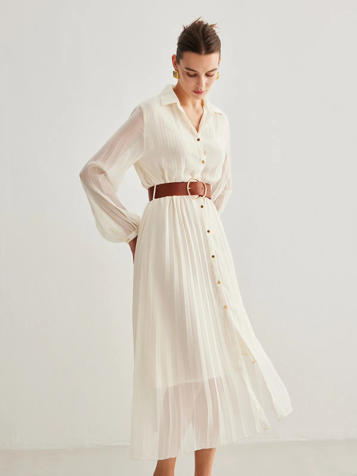 Chiffon Button Pleated Dress With Belt sold by COMMENSE