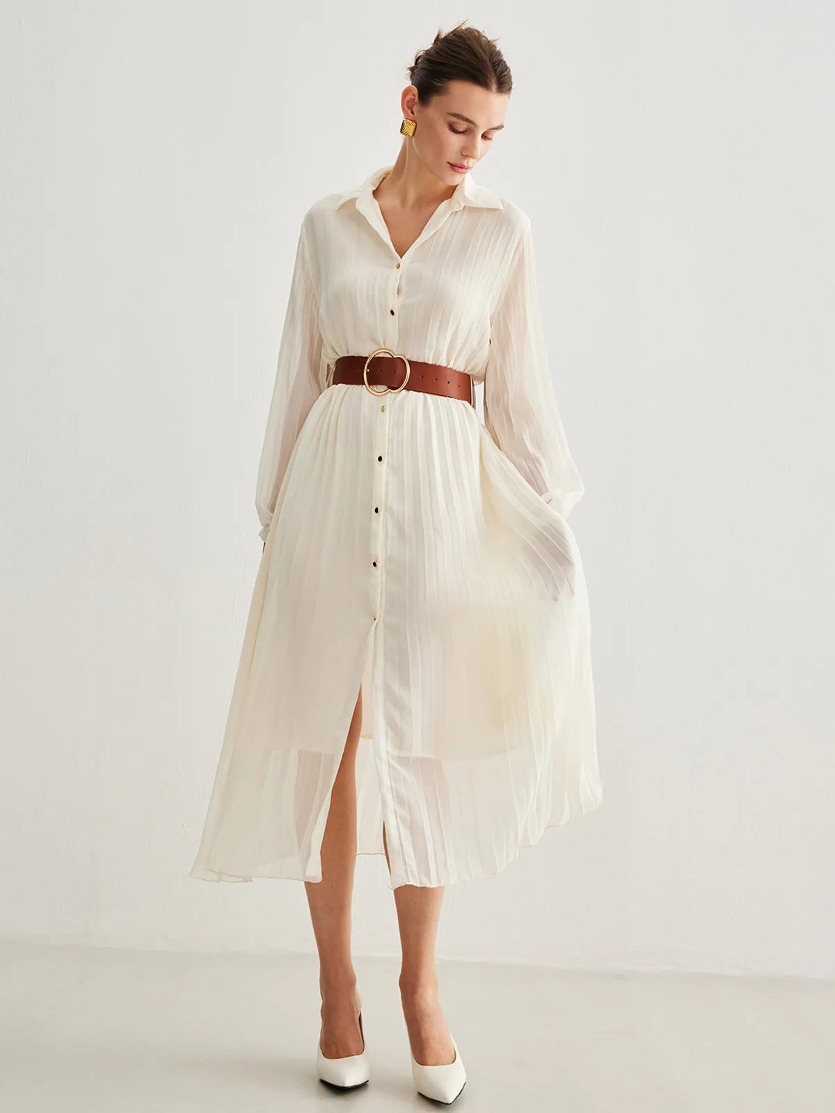 Chiffon Button Pleated Dress With Belt sold by COMMENSE product image thumbnail 5