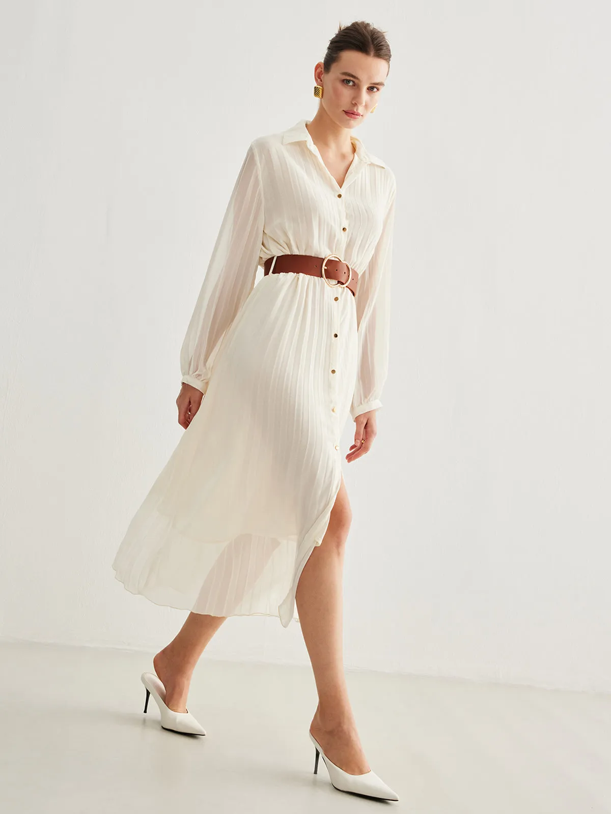 Chiffon Button Pleated Dress With Belt sold by COMMENSE product image thumbnail 2