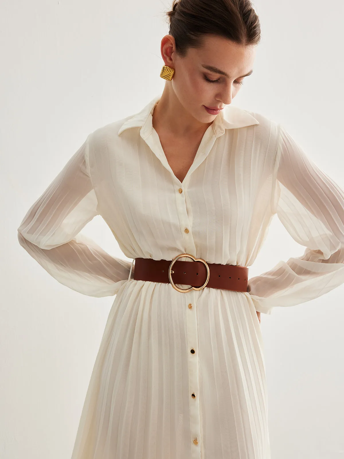 Chiffon Button Pleated Dress With Belt sold by COMMENSE product image thumbnail 3