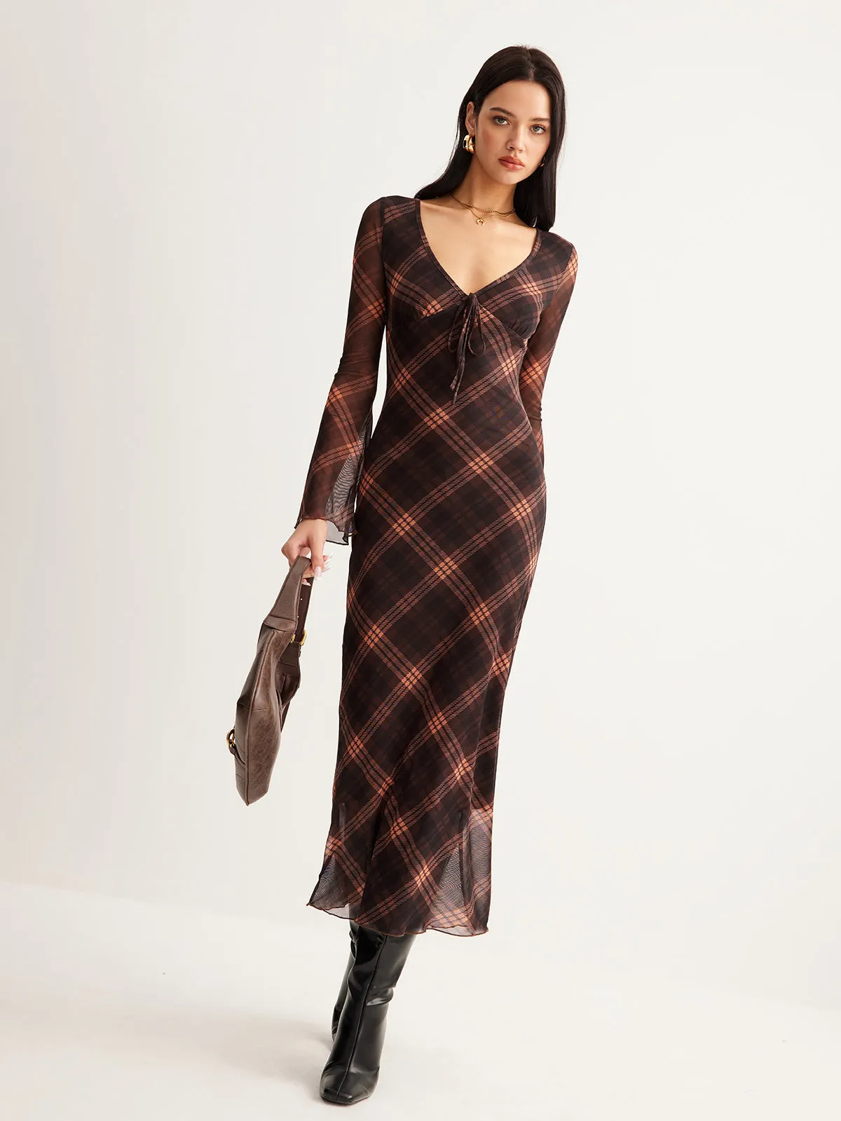 Checked Bell-Sleeve Mesh Dress sold by COMMENSE