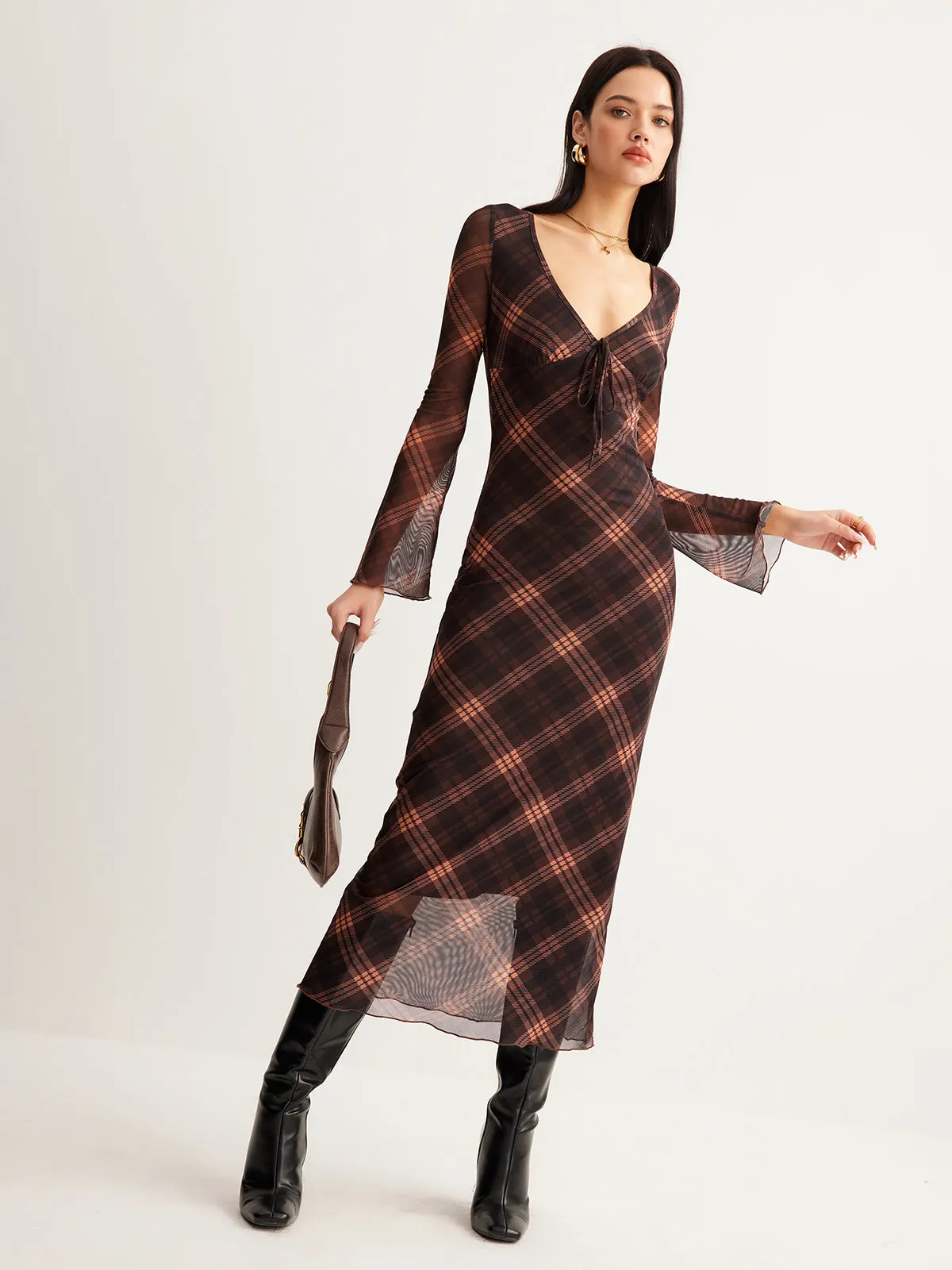 Checked Bell-Sleeve Mesh Dress sold by COMMENSE product image thumbnail 5