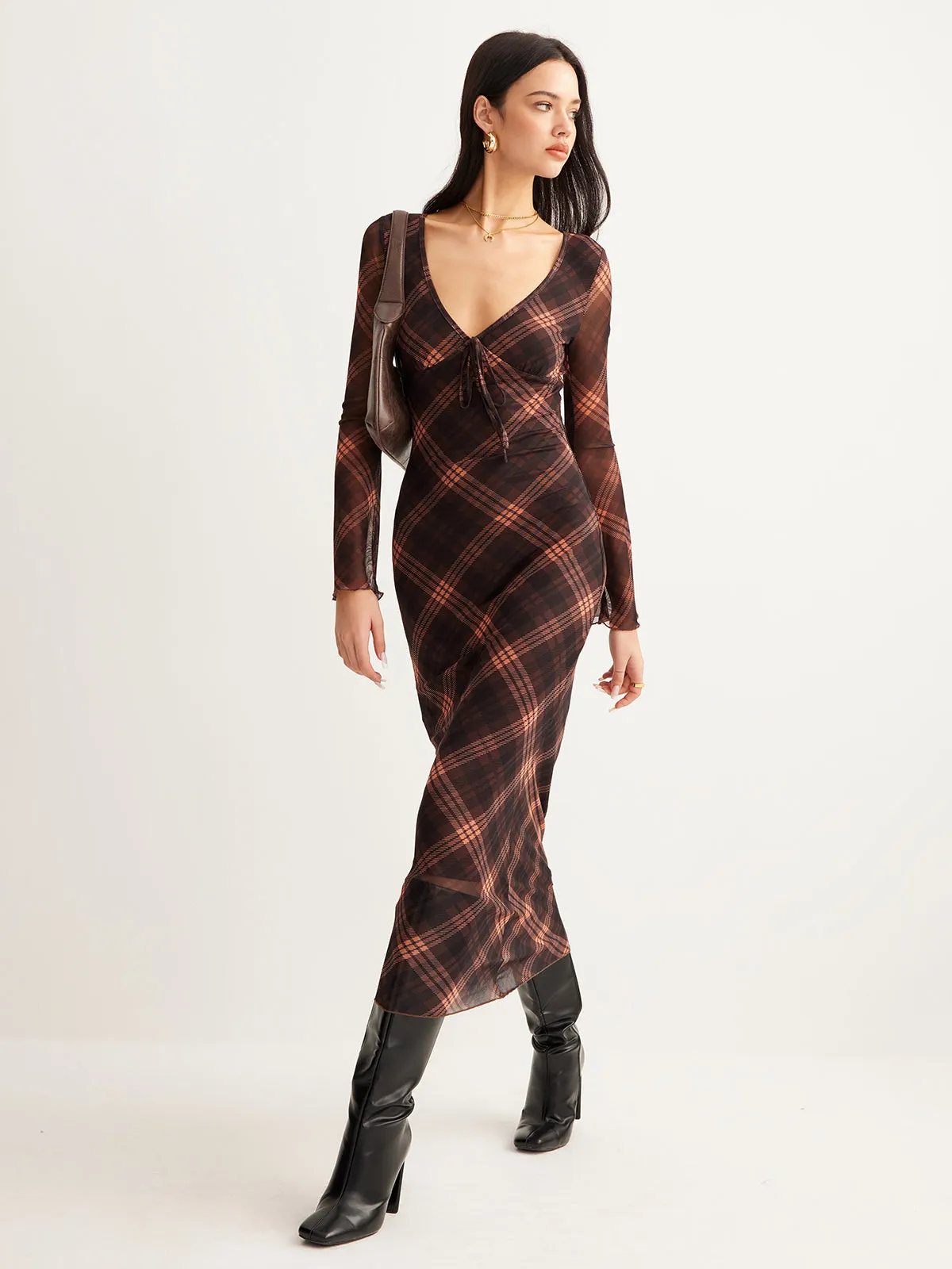 Checked Bell-Sleeve Mesh Dress sold by COMMENSE product image thumbnail 2