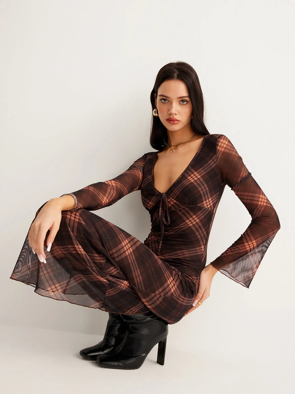 Checked Bell-Sleeve Mesh Dress sold by COMMENSE product image thumbnail 3