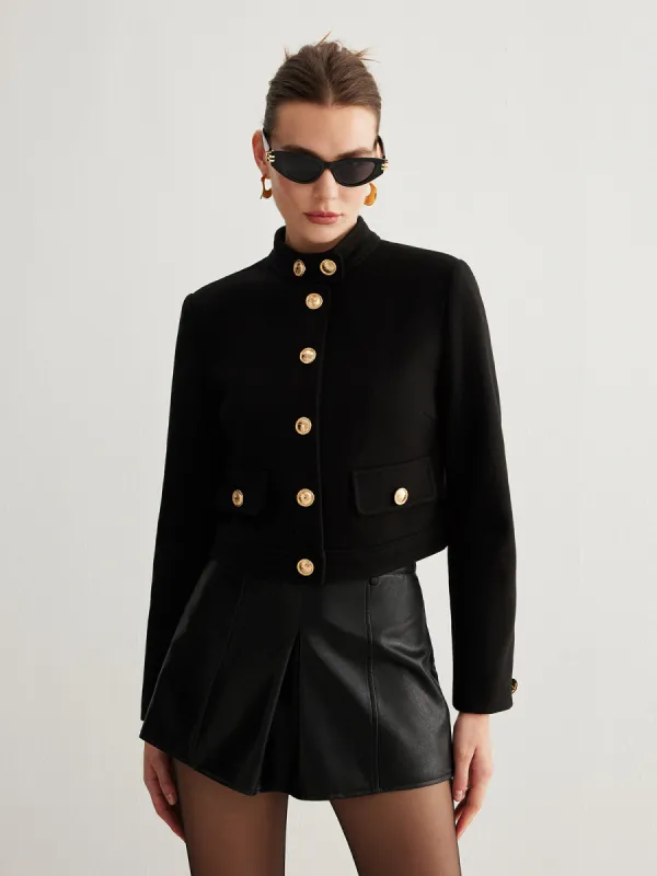 Stand Collar Button Tweed Short Jacket sold by COMMENSE