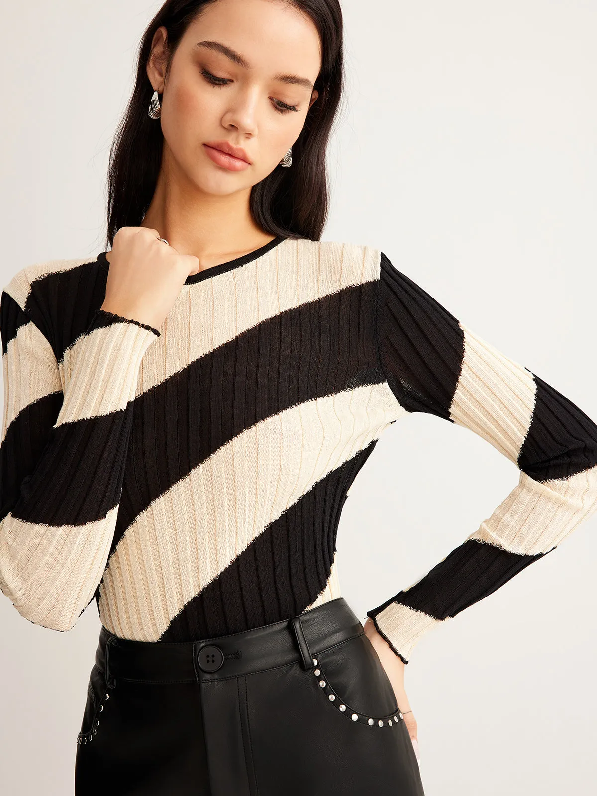 Asymmetrical Striped Slim Knit Top sold by COMMENSE product image thumbnail 3