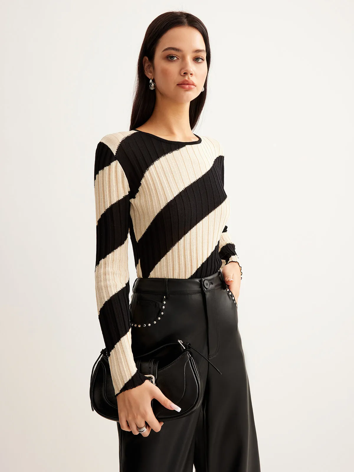 Asymmetrical Striped Slim Knit Top sold by COMMENSE