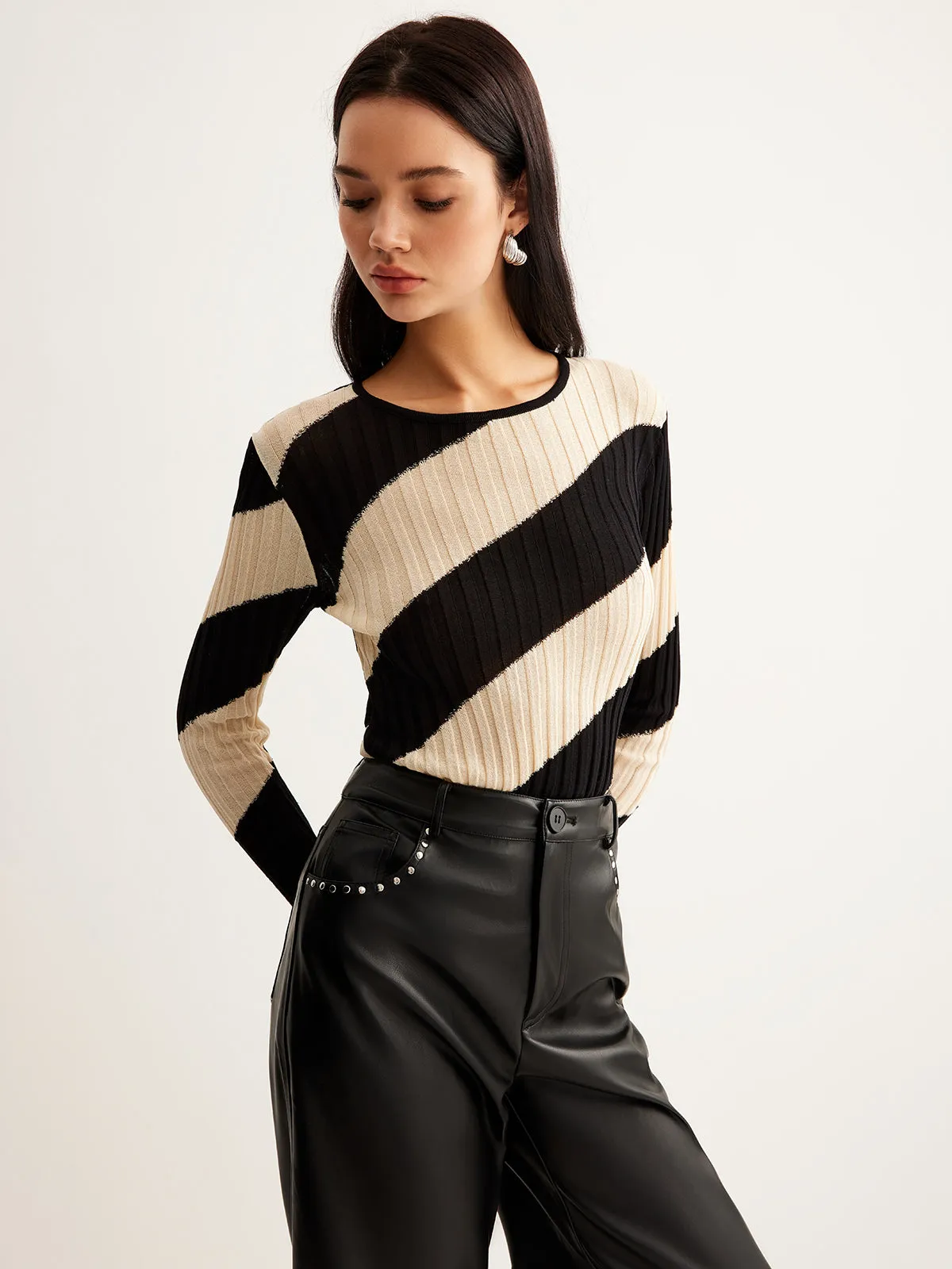Asymmetrical Striped Slim Knit Top sold by COMMENSE product image thumbnail 5